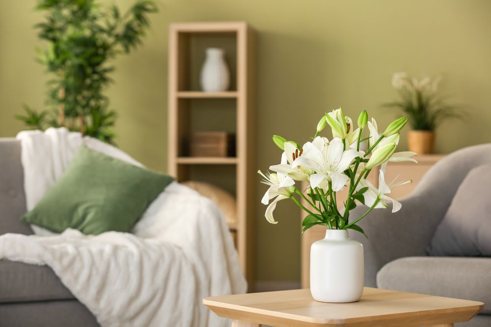 flowers in vase in house living room