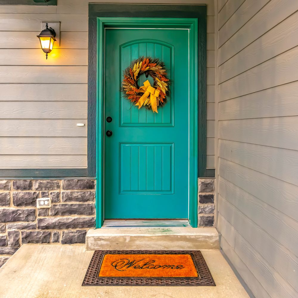 wreath on front door of welcoming porch
